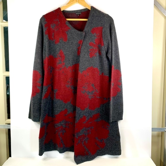 Asymmetrical lagenlook red / grey floral draped long sweater/ cardigan/ jacket - Picture 1 of 10
